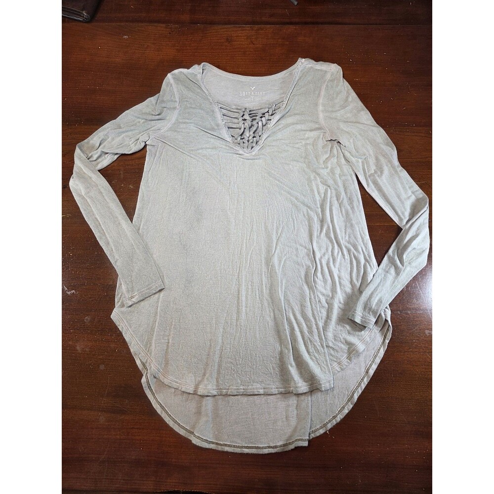 American Eagle Soft & Sexy Shirt XS Grey Criss Cross V-Neck Long Sleeve Y2k Top